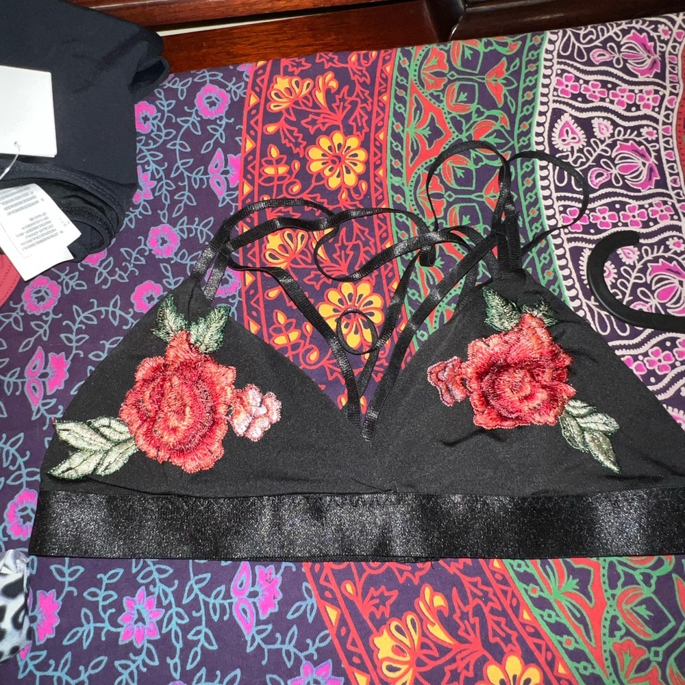 Floral Embroidered Black Bralette